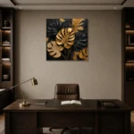 Golden Monstera Botanical Black & Gold Wall Art Canvas Print displayed in a contemporary gallery-inspired room