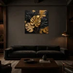 Golden Monstera Botanical Black & Gold Wall Art Canvas Print shown in a warm modern interior