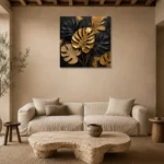 Golden Monstera Botanical Black & Gold Wall Art Canvas Print presented in a sophisticated home setting
