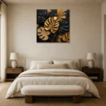 Golden Monstera Botanical Black & Gold Wall Art Canvas Print showcased in an elegant minimalist interior
