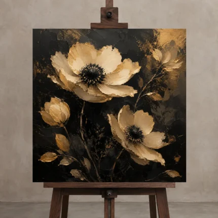 Golden Anemone Botanical Black & Gold Wall Art Canvas Print shown in Studio Easel