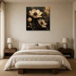 Golden Anemone Botanical Black & Gold Wall Art Canvas Print showcased in an elegant minimalist interior