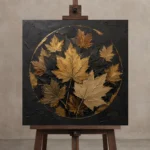 Golden Maple Leaves Botanical Black & Gold Wall Art Canvas Print displayed on a studio easel