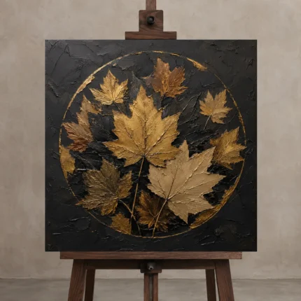Golden Maple Leaves Botanical Black & Gold Wall Art Canvas Print shown in Studio Easel