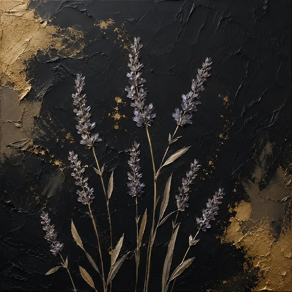 Golden Lavender Botanical Black & Gold Wall Art Canvas Print