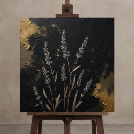 Golden Lavender Botanical Black & Gold Wall Art Canvas Print shown in Studio Easel