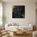Golden Lavender Botanical Black & Gold Wall Art Canvas Print styled in a refined neutral interior