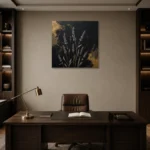 Golden Lavender Botanical Black & Gold Wall Art Canvas Print displayed in a contemporary gallery-inspired room
