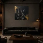 Golden Lavender Botanical Black & Gold Wall Art Canvas Print shown in a warm modern interior