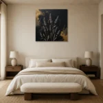 Golden Lavender Botanical Black & Gold Wall Art Canvas Print showcased in an elegant minimalist interior