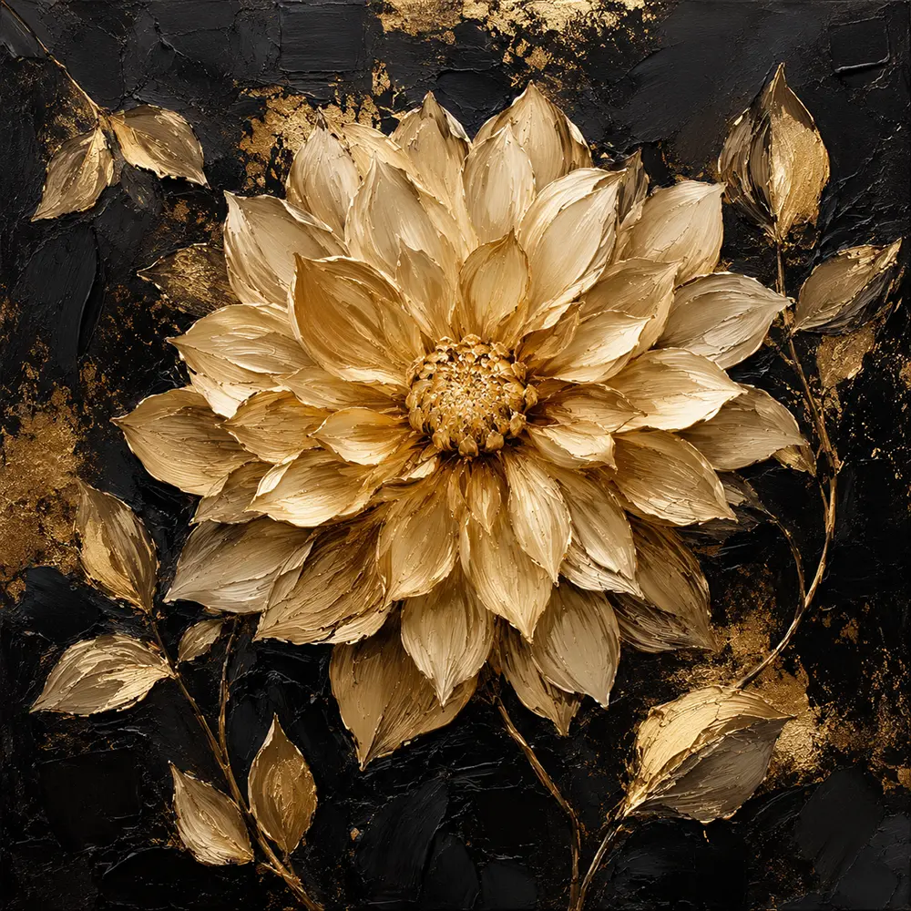 Golden Dahlia Botanical Black & Gold Wall Art Canvas Print