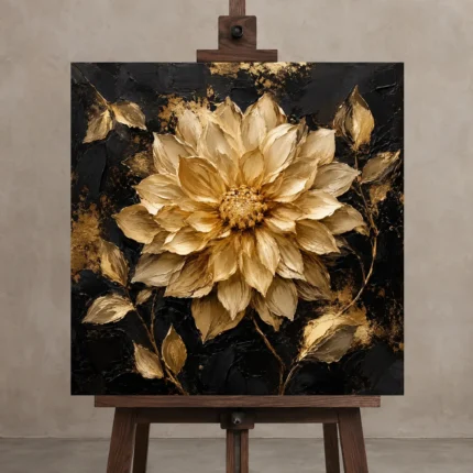 Golden Dahlia Botanical Black & Gold Wall Art Canvas Print shown in Studio Easel