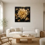 Golden Dahlia Botanical Black & Gold Wall Art Canvas Print styled in a refined neutral interior