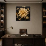 Golden Dahlia Botanical Black & Gold Wall Art Canvas Print displayed in a contemporary gallery-inspired room