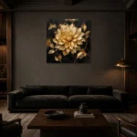 Golden Dahlia Botanical Black & Gold Wall Art Canvas Print shown in a warm modern interior
