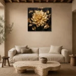 Golden Dahlia Botanical Black & Gold Wall Art Canvas Print presented in a sophisticated home setting