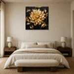 Golden Dahlia Botanical Black & Gold Wall Art Canvas Print showcased in an elegant minimalist interior