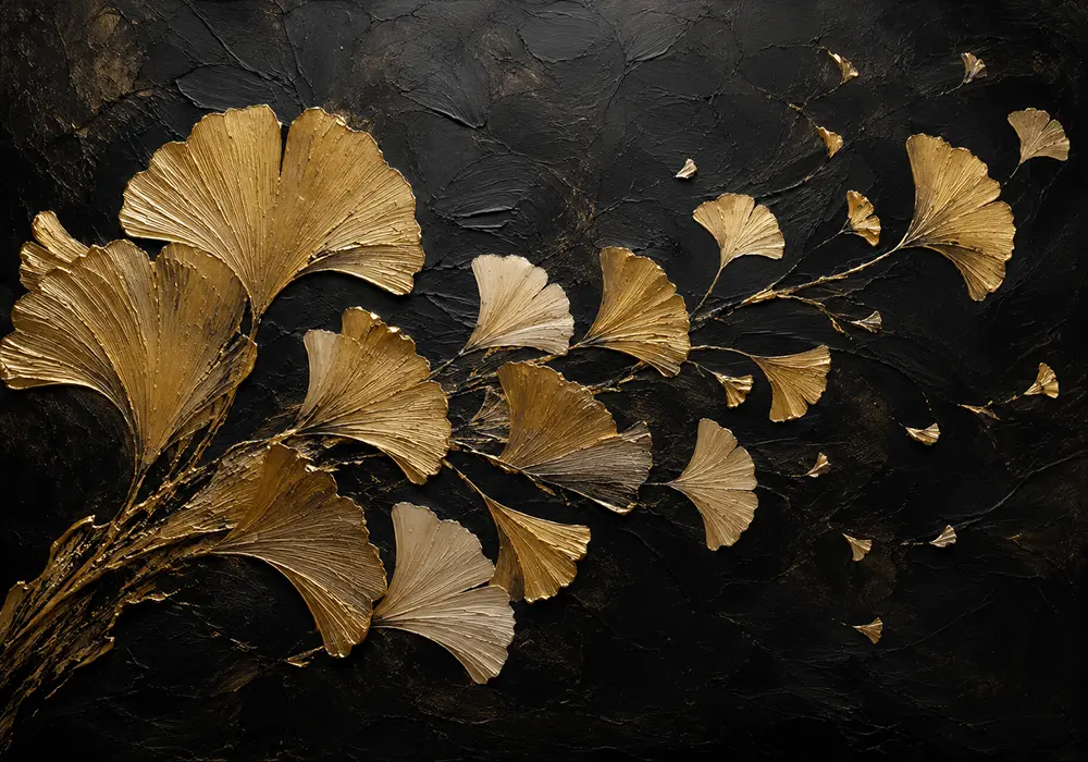 Golden Ginkgo Botanical Black & Gold Wall Art Canvas Print