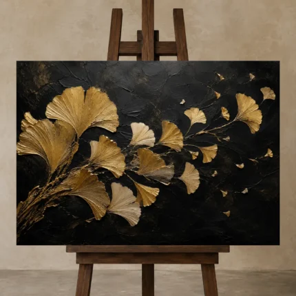 Golden Ginkgo Botanical Black & Gold Wall Art Canvas Print shown in Studio Easel