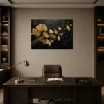 Golden Ginkgo Botanical Black & Gold Wall Art Canvas Print displayed in a contemporary gallery-inspired room