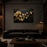 Golden Ginkgo Botanical Black & Gold Wall Art Canvas Print shown in a warm modern interior