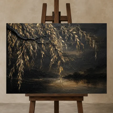 Golden Willow Botanical Black & Gold Wall Art Canvas Print shown in Studio Easel
