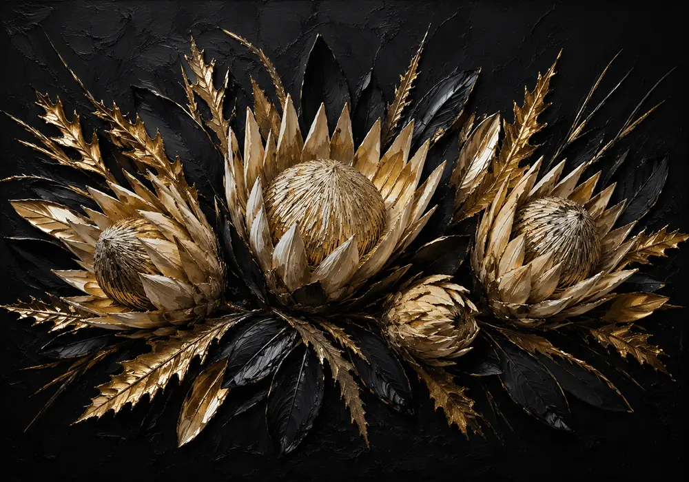 Golden Protea Botanical Black & Gold Wall Art Canvas Print