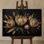 Golden Protea Botanical Black & Gold Wall Art Canvas Print displayed on a studio easel