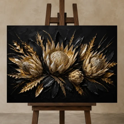 Golden Protea Botanical Black & Gold Wall Art Canvas Print shown in Studio Easel