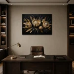 Golden Protea Botanical Black & Gold Wall Art Canvas Print displayed in a contemporary gallery-inspired room