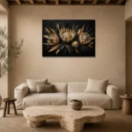 Golden Protea Botanical Black & Gold Wall Art Canvas Print presented in a sophisticated home setting