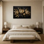 Golden Protea Botanical Black & Gold Wall Art Canvas Print showcased in an elegant minimalist interior