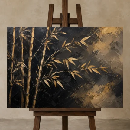 Golden Bamboo Botanical Black & Gold Wall Art Canvas Print shown in Studio Easel
