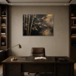 Golden Bamboo Botanical Black & Gold Wall Art Canvas Print displayed in a contemporary gallery-inspired room