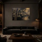 Golden Bamboo Botanical Black & Gold Wall Art Canvas Print shown in a warm modern interior