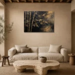Golden Bamboo Botanical Black & Gold Wall Art Canvas Print presented in a sophisticated home setting