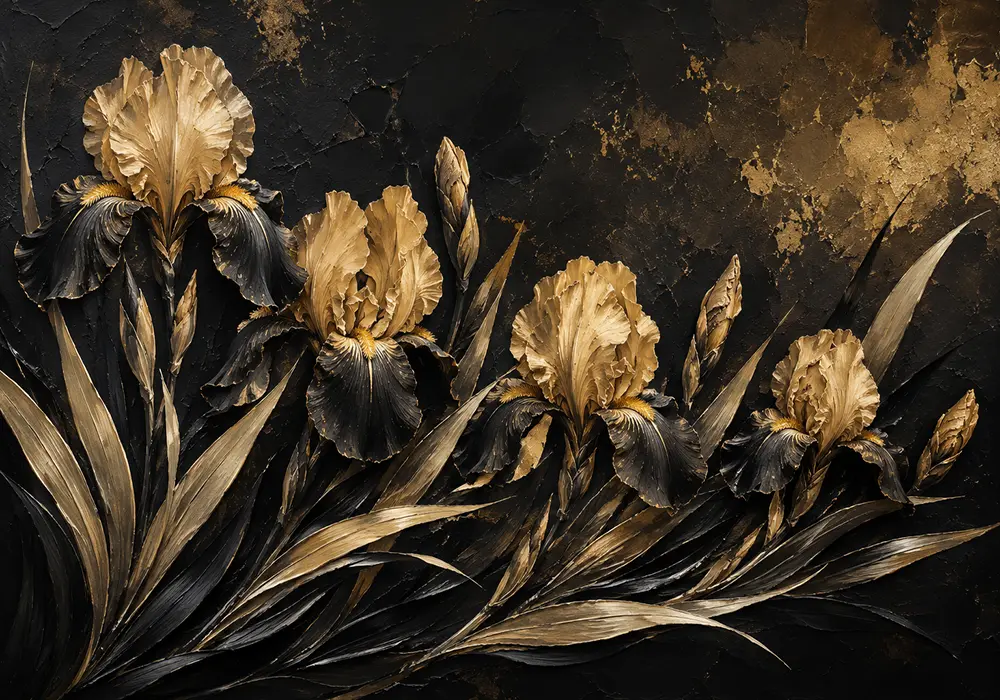 Golden Iris Botanical Black & Gold Wall Art Canvas Print
