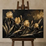 Golden Iris Botanical Black & Gold Wall Art Canvas Print displayed on a studio easel