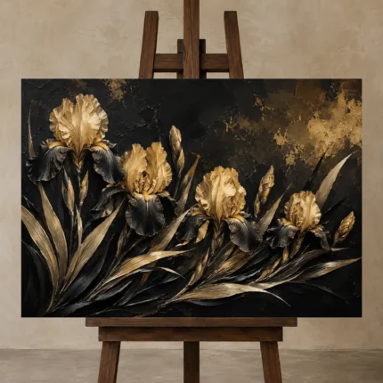 Golden Iris Botanical Black & Gold Wall Art Canvas Print shown in Studio Easel