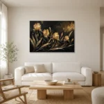 Golden Iris Botanical Black & Gold Wall Art Canvas Print styled in a refined neutral interior