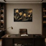 Golden Iris Botanical Black & Gold Wall Art Canvas Print displayed in a contemporary gallery-inspired room