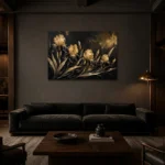 Golden Iris Botanical Black & Gold Wall Art Canvas Print shown in a warm modern interior