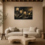 Golden Iris Botanical Black & Gold Wall Art Canvas Print presented in a sophisticated home setting