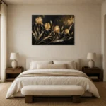 Golden Iris Botanical Black & Gold Wall Art Canvas Print showcased in an elegant minimalist interior