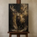 Golden Stag Black & Gold Wall Art Canvas Print displayed on a studio easel