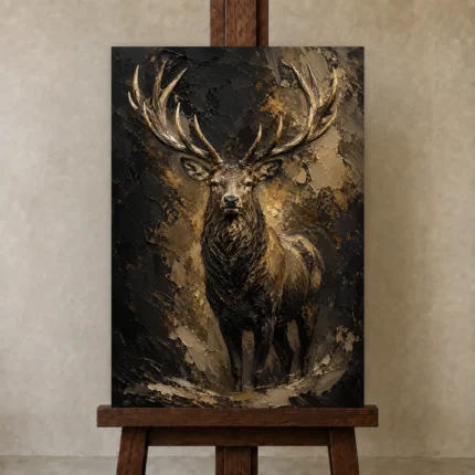 Golden Stag Black & Gold Wall Art Canvas Print shown in Studio Easel