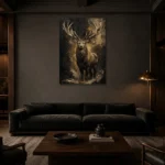 Golden Stag Black & Gold Wall Art Canvas Print shown in a warm modern interior