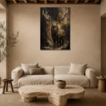 Golden Stag Black & Gold Wall Art Canvas Print presented in a sophisticated home setting