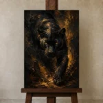 Golden-Eyed Panther Black & Gold Wall Art Canvas Print displayed on a studio easel