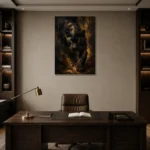 Golden-Eyed Panther Black & Gold Wall Art Canvas Print displayed in a contemporary gallery-inspired room